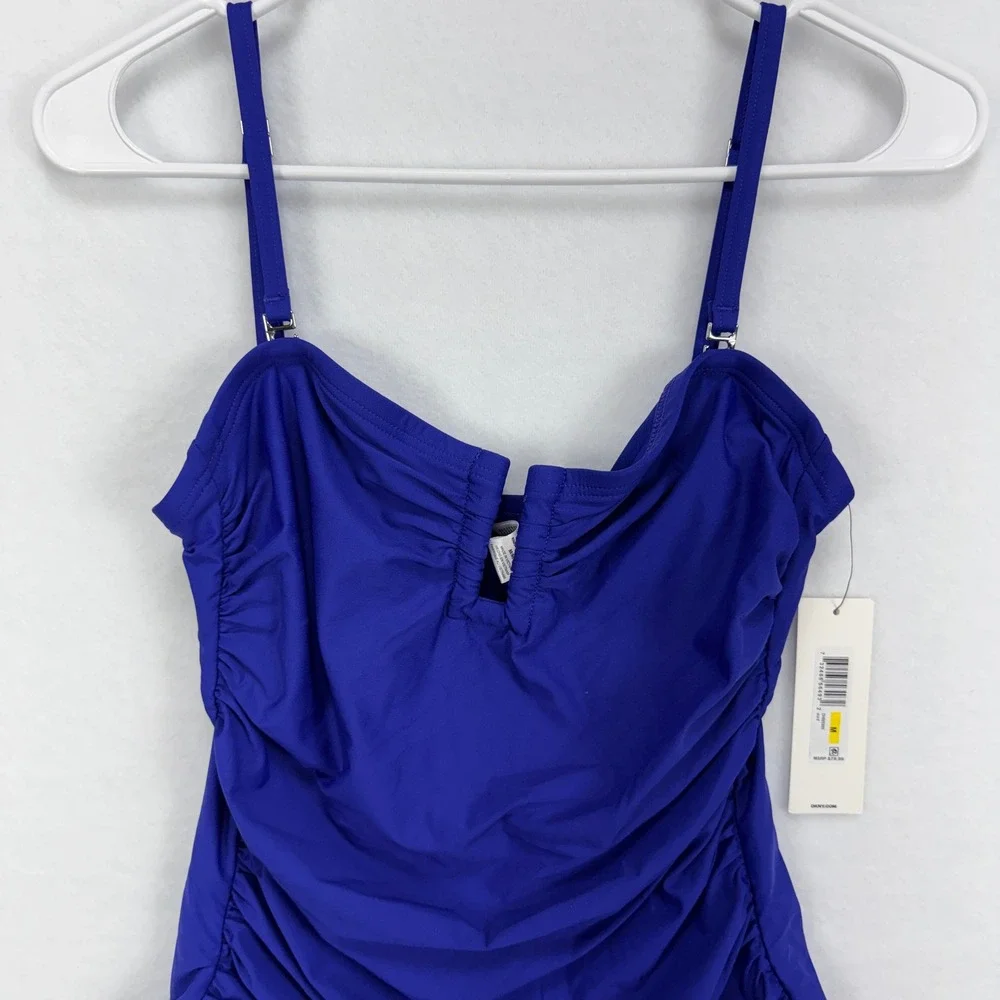 DKNY One Piece Swimsuit Women M Blue NWT Ruched Tummy Control Coastal Chic - Picture 2 of 7